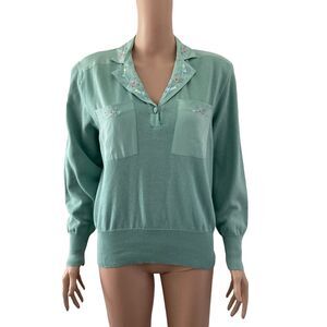 Vintage SSG By Catharine Lover Shirt Womens Sage Green Floral Embroidered Med